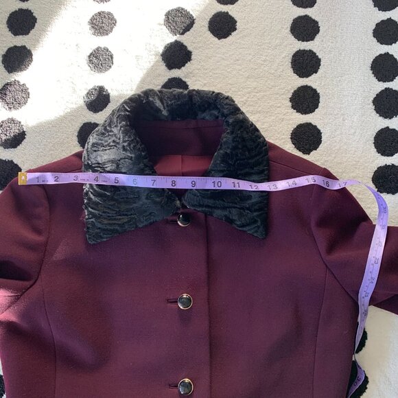 Vintage 60s Burgundy Black Faux Fur Trim 2 Pc Belted Dress Cropped Blazer Set - Picture 7 of 16